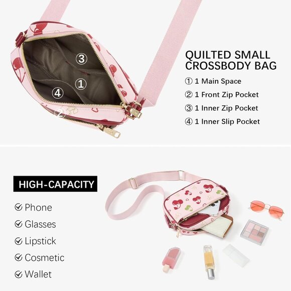 Bostanten Women Cherry PU leather Small Quilted Crossbody Bags With Wide Strap - Picture 5 of 6